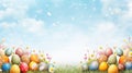 Colorful Easter background adorned with vibrant eggs, blossoms, and spacious copy area