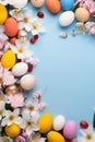 Colorful Easter background adorned with vibrant eggs, blossoms, and spacious copy area
