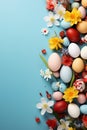 Colorful Easter background adorned with vibrant eggs, blossoms, and spacious copy area