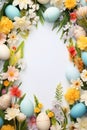 Colorful Easter background adorned with vibrant eggs, blossoms, and spacious copy area