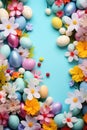 Colorful Easter background adorned with vibrant eggs, blossoms, and spacious copy area