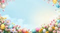 Colorful Easter background adorned with vibrant eggs, blossoms, and spacious copy area