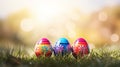Colorful easter banner with beautiful eggs in grass, sun rays, and copy space for text placement