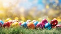 Colorful easter banner with beautiful eggs, sun rays, copy space on blurred background