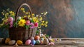 Colorful Easter Basket with Eggs and Chocolate Bunnies Royalty Free Stock Photo