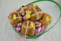 Easter basket gift filled with chocolate eggs and hot cross buns