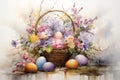 Colorful easter basket with painted eggs and spring flowers Royalty Free Stock Photo