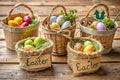 Colorful Easter baskets filled with painted eggs, nestled in various containers Royalty Free Stock Photo