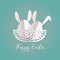 Colorful Easter bunnies in easter eggs on nest egg on gray background, paper cut style design by Vector illustration EPS 10. Royalty Free Stock Photo