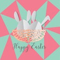 Colorful Easter bunnies in easter eggs on nest egg on gray background, paper cut style design by Vector illustration EPS 10. Royalty Free Stock Photo