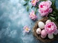 Festive Easter Card Display Featuring Decorative Eggs and Vibrant Pink Peonies. Generative AI Royalty Free Stock Photo