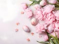 Festive Easter Card Display Featuring Decorative Eggs and Vibrant Pink Peonies. Generative AI Royalty Free Stock Photo