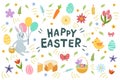 Colorful Easter card with letterin flowers eggs and rabbit elements composition white background