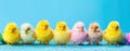 Colorful Easter Chicks Lineup on Pastel Blue Background GenerativeAI Royalty Free Stock Photo