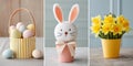 Colorful Easter decorations featuring a bunny and a basket filled with eggs. Royalty Free Stock Photo