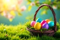 Colorful Easter Egg Basket on Lush Green Grass with Sunny Spring Bokeh Background Royalty Free Stock Photo