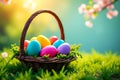 Colorful Easter Egg Basket on Lush Green Grass with Sunny Spring Bokeh Background Royalty Free Stock Photo