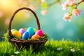 Colorful Easter Egg Basket on Lush Green Grass with Sunny Spring Bokeh Background Royalty Free Stock Photo