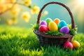 Colorful Easter Egg Basket on Lush Green Grass with Sunny Spring Bokeh Background Royalty Free Stock Photo