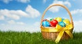 Colorful Easter Egg Basket on a Sunny Day in a Lush Green Field. Easter card Royalty Free Stock Photo