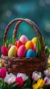 A colorful Easter egg basket surrounded by blooming tulips. picture Royalty Free Stock Photo