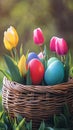 A colorful Easter egg basket surrounded by blooming tulips. picture Royalty Free Stock Photo