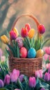 A colorful Easter egg basket surrounded by blooming tulips. picture Royalty Free Stock Photo