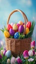 A colorful Easter egg basket surrounded by blooming tulips. picture Royalty Free Stock Photo