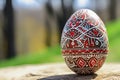 Colorful easter egg with beautiful patterns painted, in spring nature Royalty Free Stock Photo