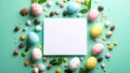 Colorful Easter egg and candy arrangement with blank card on green background Royalty Free Stock Photo