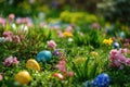 A colorful Easter egg hunt in a garden filled with blooming flowers Royalty Free Stock Photo