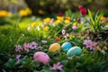 A colorful Easter egg hunt in a garden filled with blooming flowers Royalty Free Stock Photo