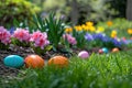 A colorful Easter egg hunt in a garden filled with blooming flowers Royalty Free Stock Photo