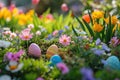 A colorful Easter egg hunt in a garden filled with blooming flowers Royalty Free Stock Photo