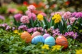 A colorful Easter egg hunt in a garden filled with blooming flowers Royalty Free Stock Photo