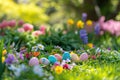 A colorful Easter egg hunt in a garden filled with blooming flowers Royalty Free Stock Photo