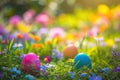 A colorful Easter egg hunt in a garden filled with blooming flowers Royalty Free Stock Photo