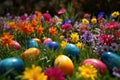 A colorful Easter egg hunt in a garden filled with blooming flowers Royalty Free Stock Photo