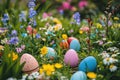 A colorful Easter egg hunt in a garden filled with blooming flowers Royalty Free Stock Photo