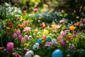 A colorful Easter egg hunt in a garden filled with blooming flowers Royalty Free Stock Photo