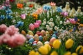 A colorful Easter egg hunt in a garden filled with blooming flowers Royalty Free Stock Photo