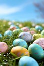 A colorful Easter egg hunt scene with pastel colored eggs scattered on bright green grass