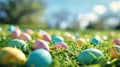 A colorful Easter egg hunt scene with pastel colored eggs scattered on bright green grass