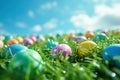 A colorful Easter egg hunt scene with pastel colored eggs scattered on bright green grass