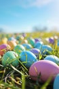 A colorful Easter egg hunt scene with pastel colored eggs scattered on bright green grass