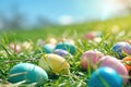 A colorful Easter egg hunt scene with pastel colored eggs scattered on bright green grass