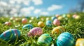 A colorful Easter egg hunt scene with pastel colored eggs scattered on bright green grass