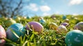 A colorful Easter egg hunt scene with pastel colored eggs scattered on bright green grass