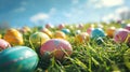 A colorful Easter egg hunt scene with pastel colored eggs scattered on bright green grass