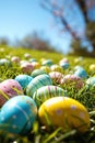 A colorful Easter egg hunt scene with pastel colored eggs scattered on bright green grass